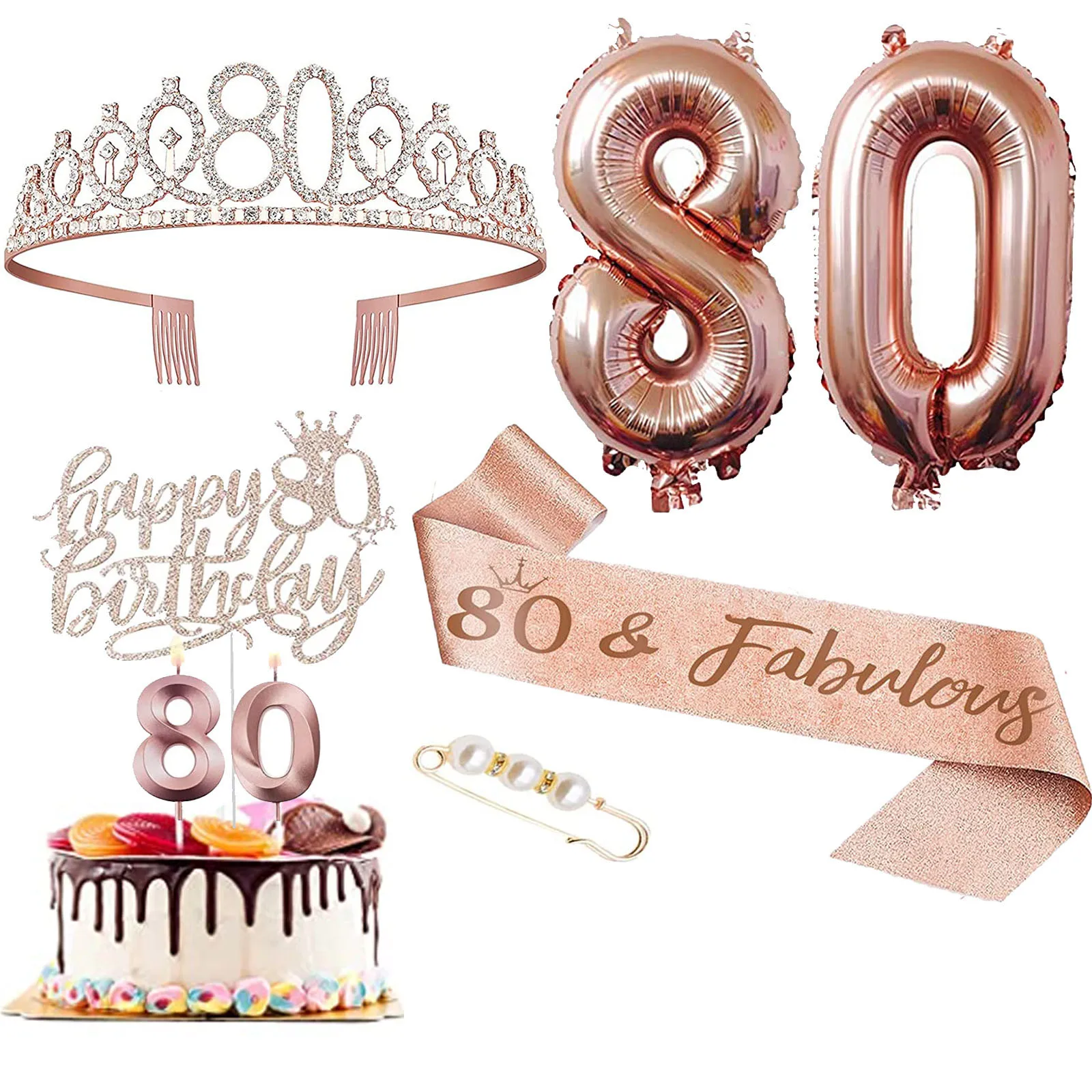 8 pieces of 80th birthday decoration rose gold digital birthday crown, belt, cake top, balloons, birthday candles