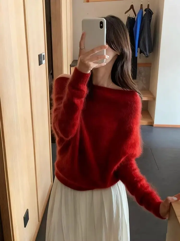 Christmas New Year Red One-Shoulder Women's Knitted Sweater Fall Winter Lazy Shoulder Mink Velvet Inner Wear Base Layer Top