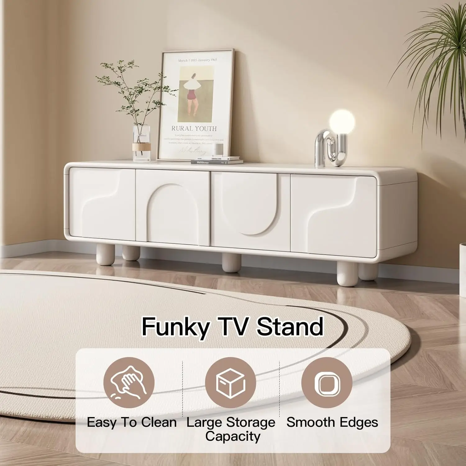 Creamy White Television Stand with 3 Cabinets, Entertainment Stand for TV, Creamy White TV Console Cabinet for Living Room