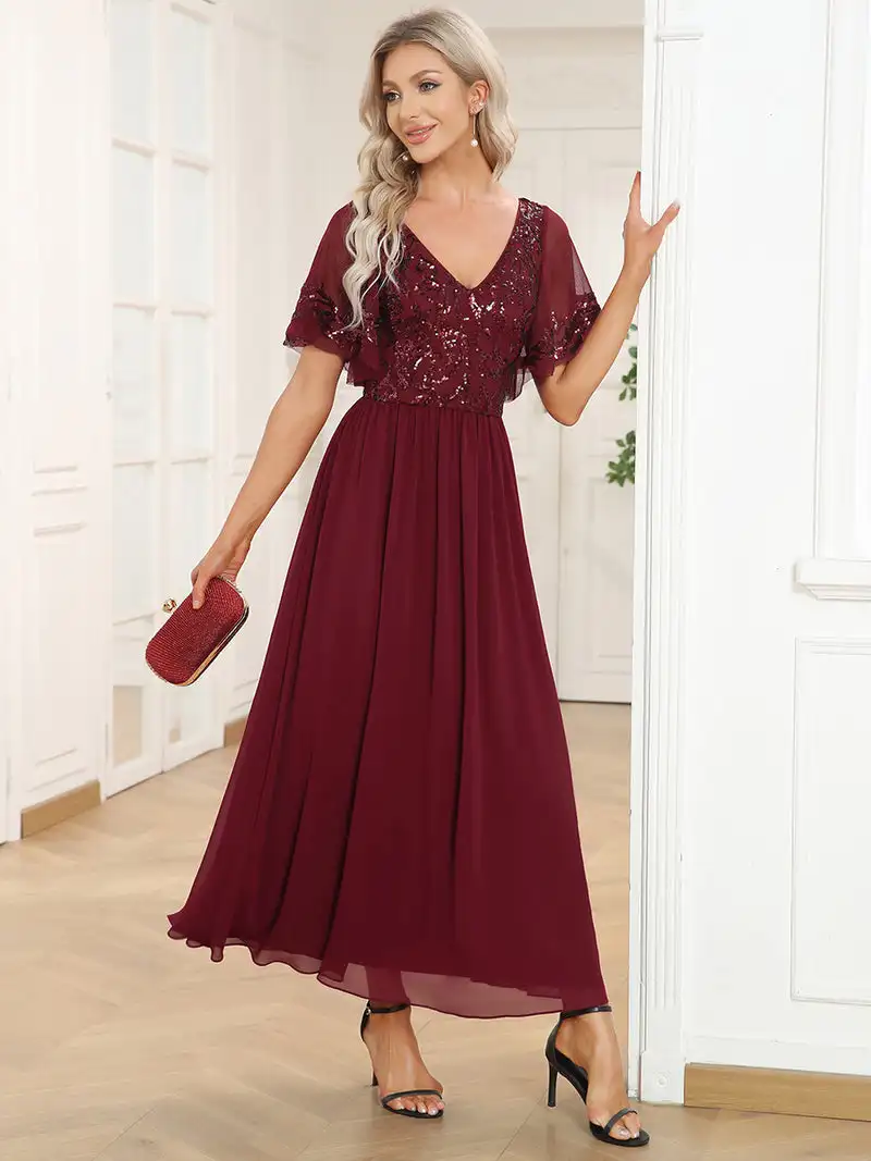 Elegante vestidos de noite curto babados mangas v pescoço joelho comprimento 2023 sempre bonito de chiffon borgonha mãe do vestido de noiva