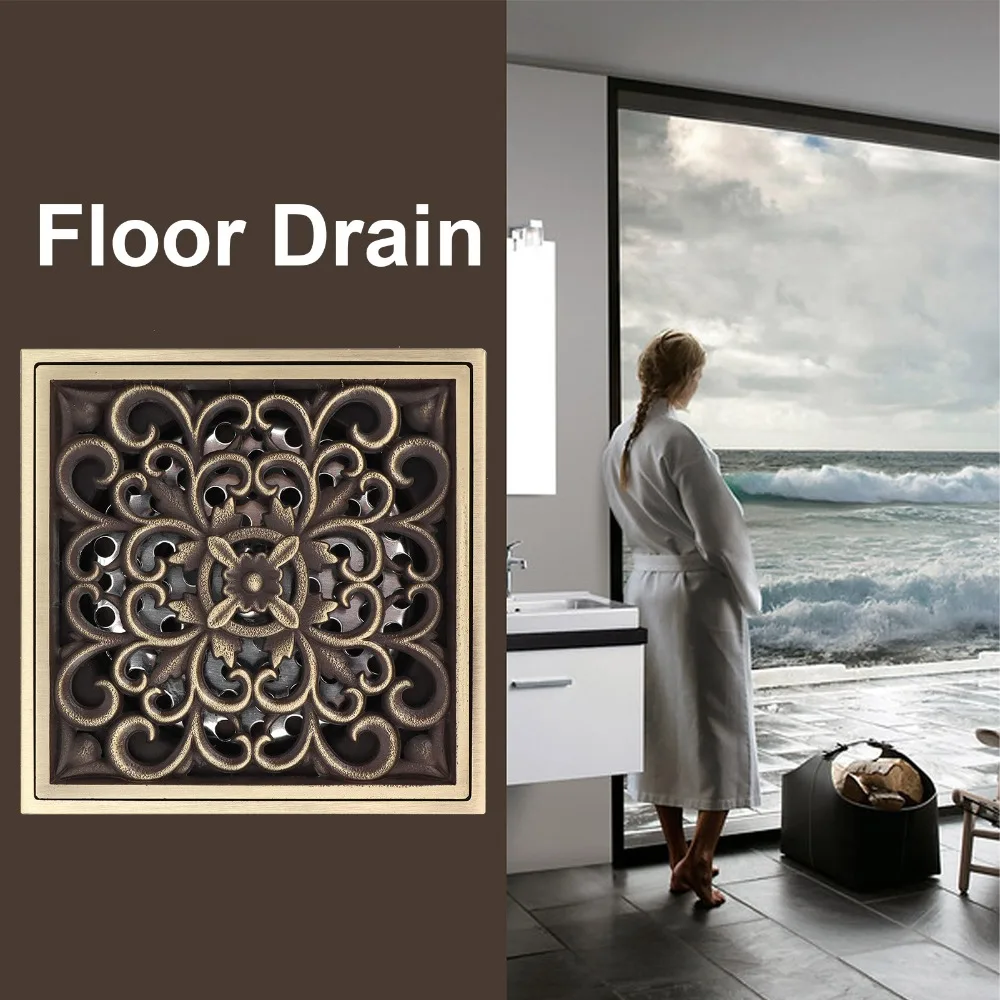Antique Finish Shower Drain Kit Square Shape Copper Material Floor Drain Grate 10x10cm/3.9x3.9in Size Fits 50/75mm Pipe