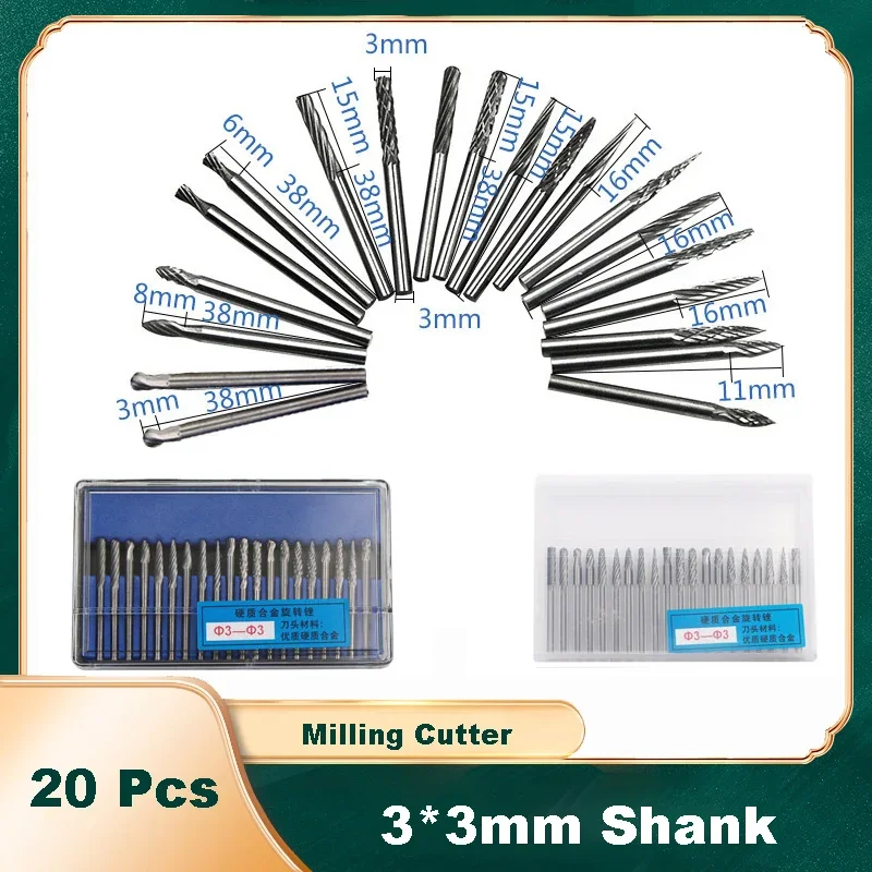 

20Pcs 3mm Shank Tungsten Carbide Rotary Burr Set Rotary File Double Cut Carving Grinding Bit for Steel Wood Metal Polishing Tool