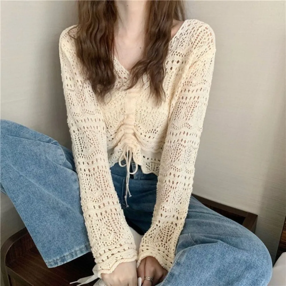 

Elegant Hollow Drawstring Sun Protection Top V-neck Thin Crochet Knit Top Loose Pullover Long-sleeved Knit Shirt