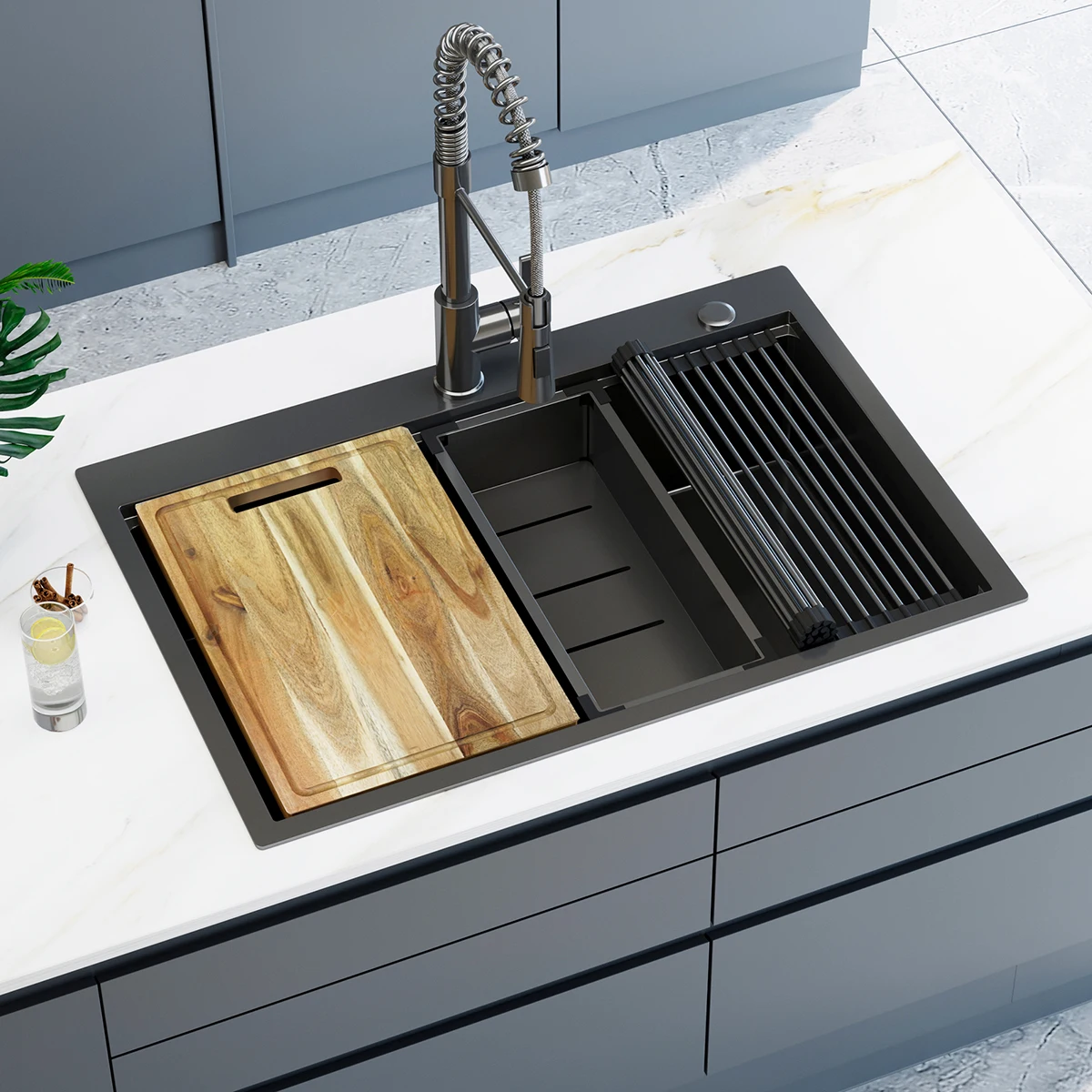 

USA Free Shipping 33" X 22" Drop in Kitchen Sink Gunmetal Black 304 Stainless Steel Topmount Workstation Sink with Faucet