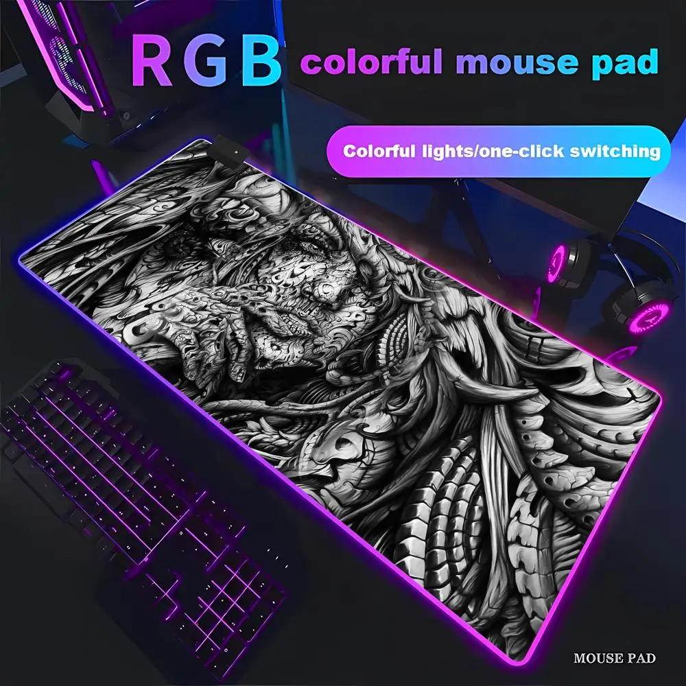 HYBXAXC Dark Biomechanical Girl Mouse Pad, Intricate Black and White Line Art Gaming RGB Gaming LED Light Gift for Art Lovers