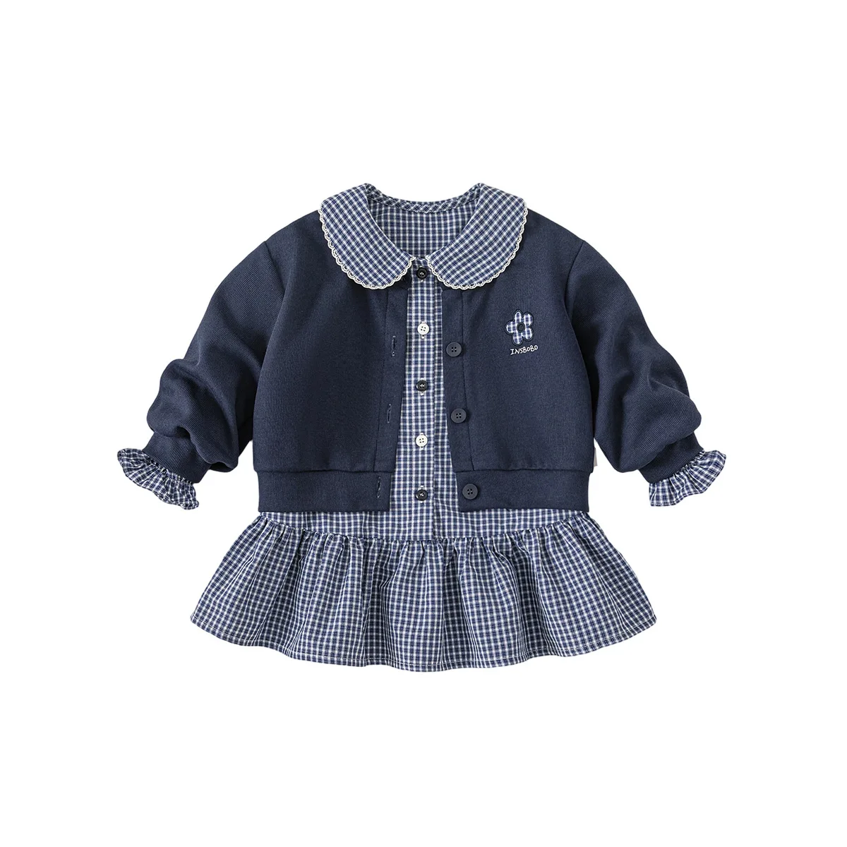 Suit College Style Girls Casual Jacket Doll Collar Dress Two Pieces Set with Plaid Autumn Outfit Korean Style
