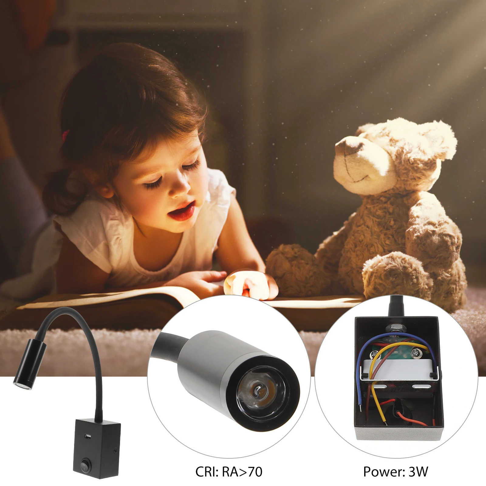 

Reading Light Wall Lamp LED Book Lights Night Bedside Headboard USB Charging Flexible Rotatable Bedroom College