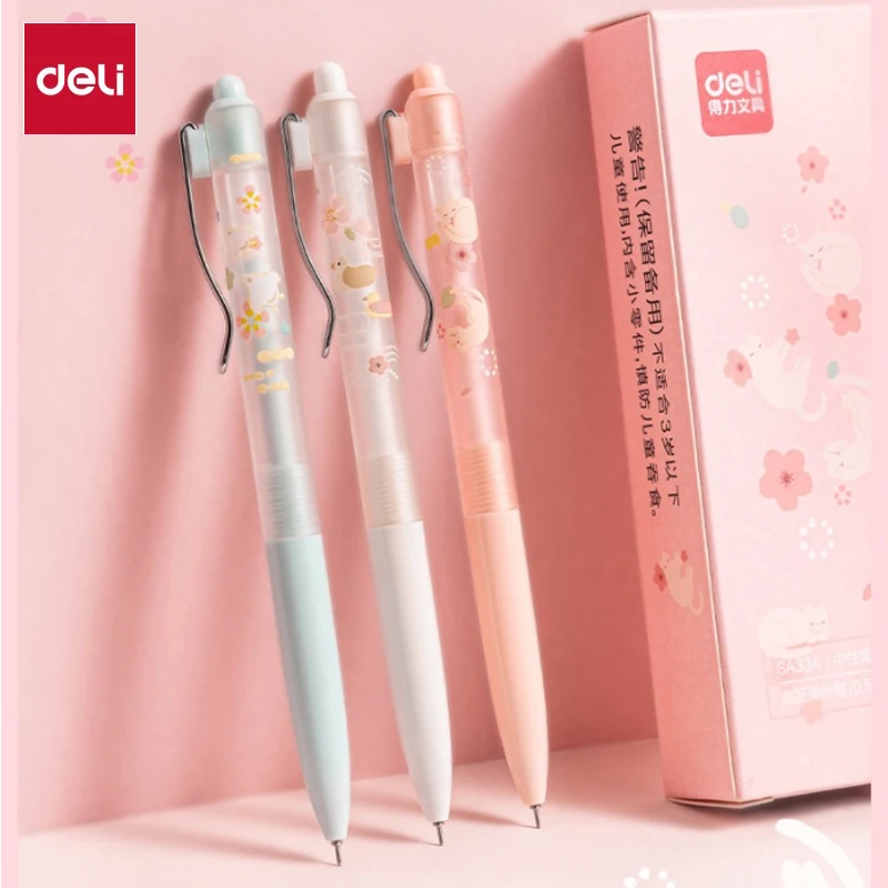 Deli 3pcs 0.5mm Black Ink Quick-drying Kawaii Gel Pen Cute Pen Stationery School Supplies Office Supplies Signing Pen Gift