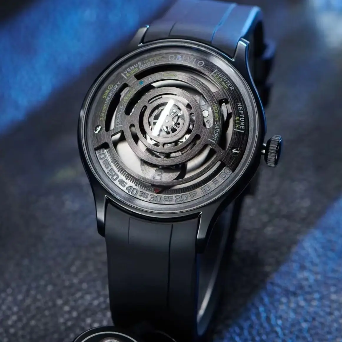 OBLVLO Men Automatic Watch 41MM Mechanical Wristwatch Luminous 50m Waterproof Sapphire Mirror Rotatable UFO Dial Rubber Strap