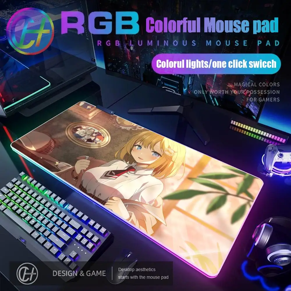 

Коврик для мыши в стиле аниме для девочек, игровой коврик для мыши RGB, настольный коврик HD Gamer, большой светодиодный светильник, XXL Hololive Watson Amelia, коврик для мыши