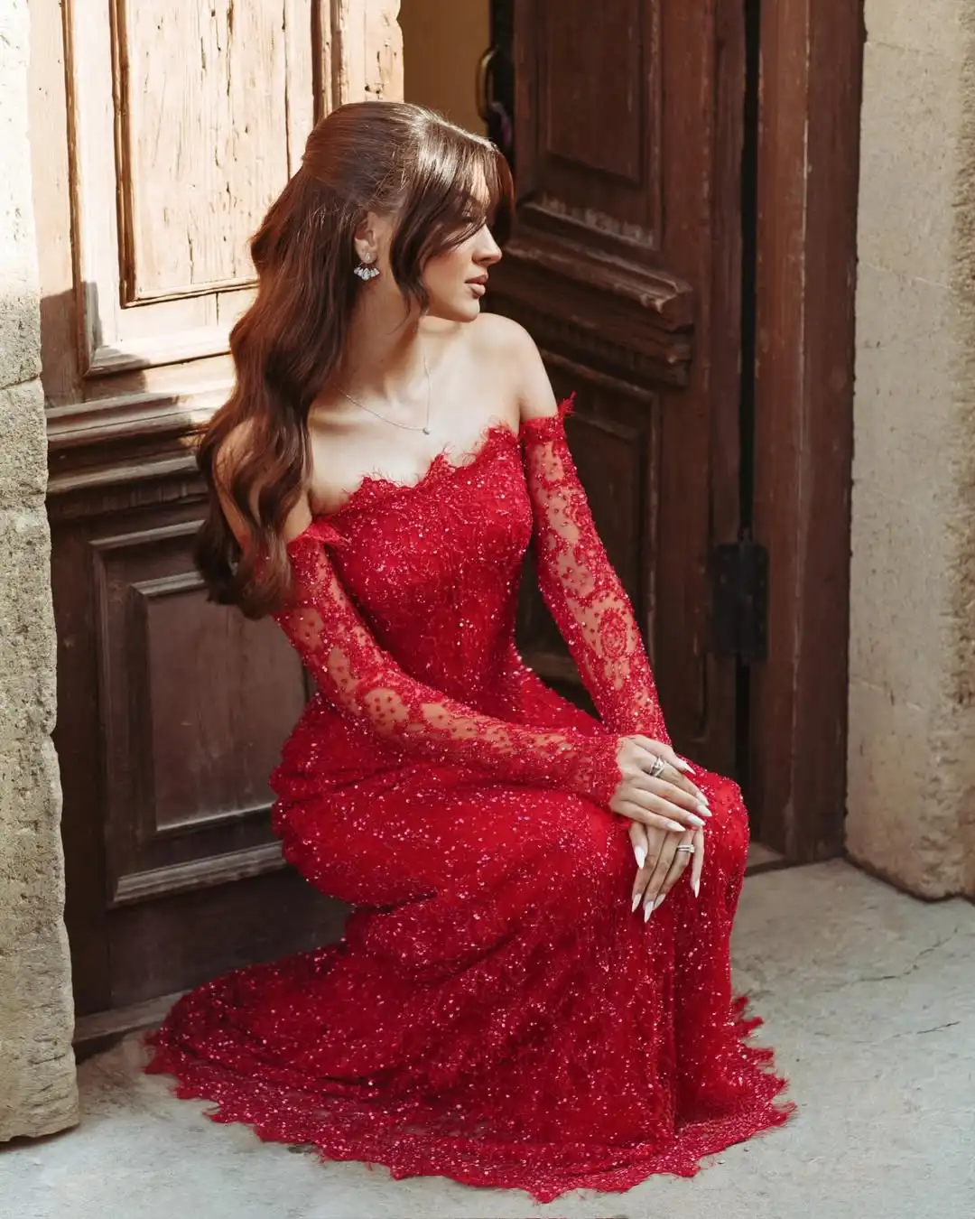 Elegantes, luxuriöses, schulterfreies, mit Perlen besticktes Meerjungfrau-Schleppe, Illusion, Pailletten, Spitze, Tüll, Abendkleid, Abschlussball, formelles Partykleid