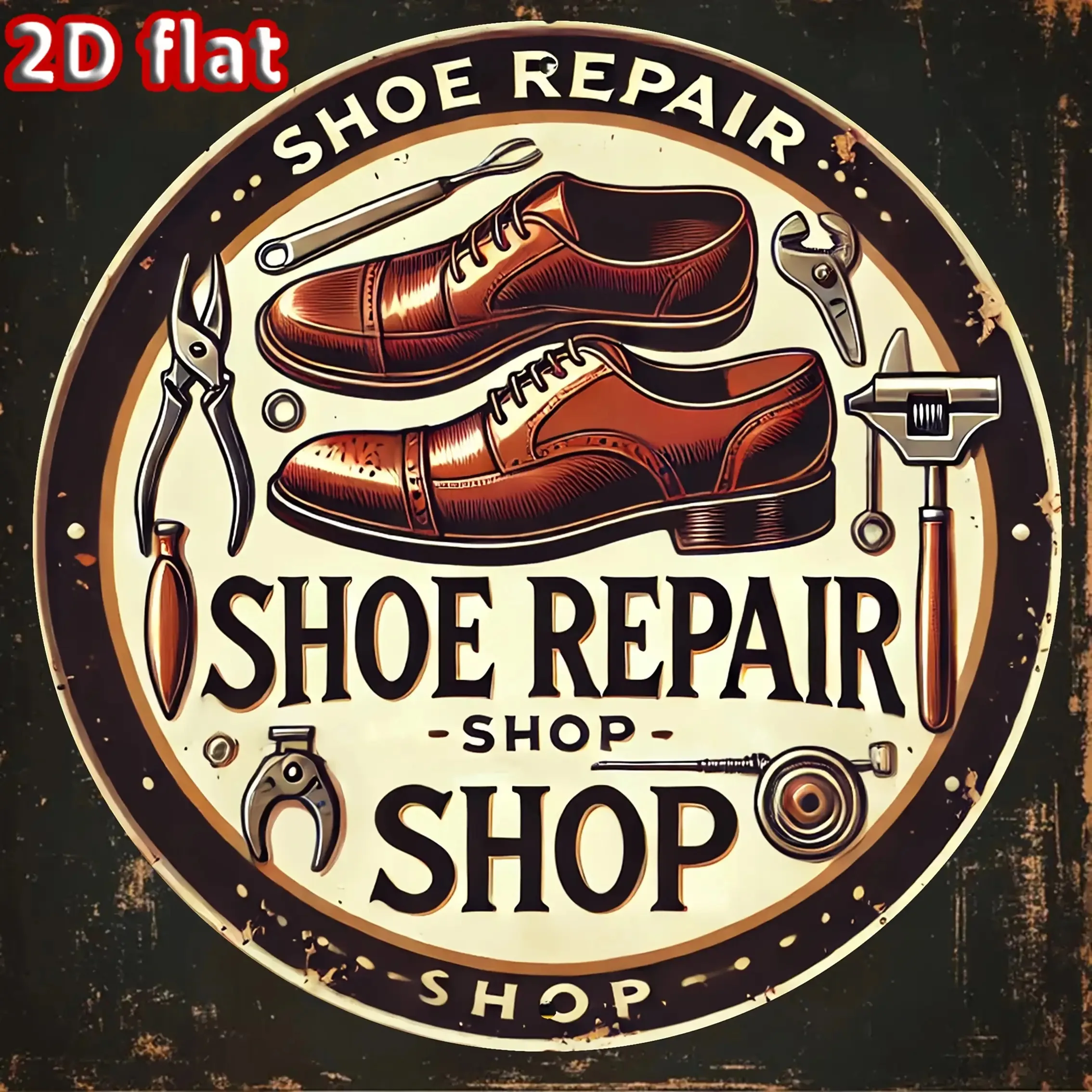 2D Flat, Vintage Shoe Repair Shop Wall Art Sign - 19.99 cm Round Recycled Wood Rustic Shoe Repair Theme Decor with Pre-Drilled H