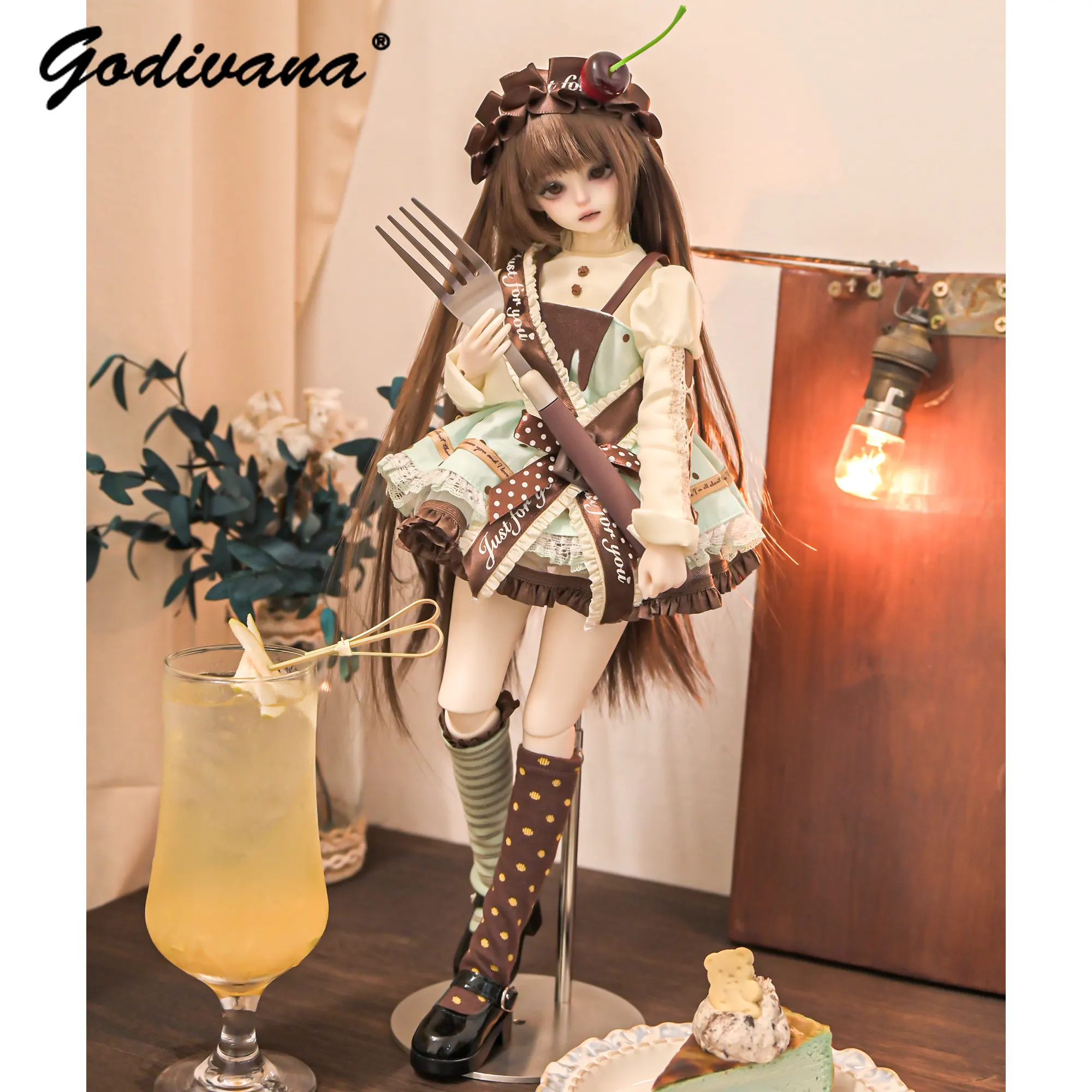 1/4 BJD Doll Clothes Sweet Lolita Dress Set Puff‑Sleeve Blouse Polka Dot Apron Cherry Bow Headwear Sash Decor for Regular 1/4