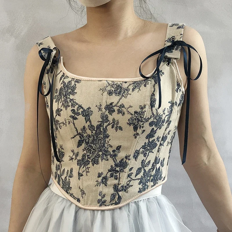 Women's Plus Size Vintage Floral Print Bustier Crop Top Lace-up Corset Camisole Bandage Renaissance Overbust Bustier Top