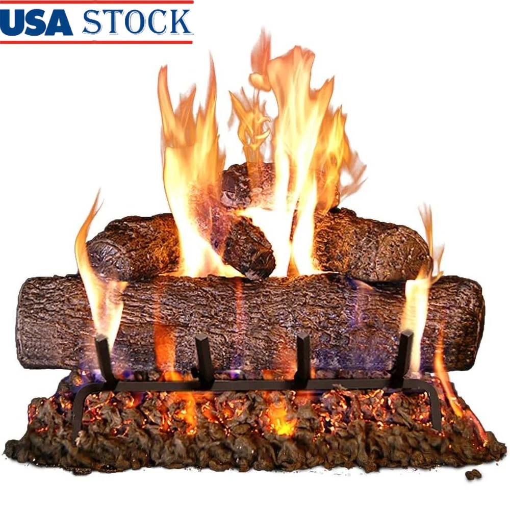 Live Oak Gas Log Set Vented Burner Natural Gas Hand-Painted Ceramic Logs Installation Kit Efficient Heating 90000 BTU Fireplace