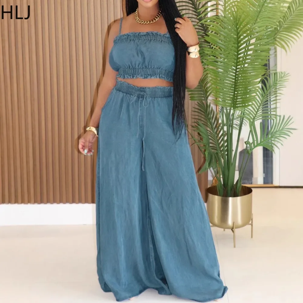 HLJ Casual Denim 2 Pieces Set for Woman Spaghetti Strap Ruched Patchwork Tops and Wide-leg Pants Female Streetwear Clothing New