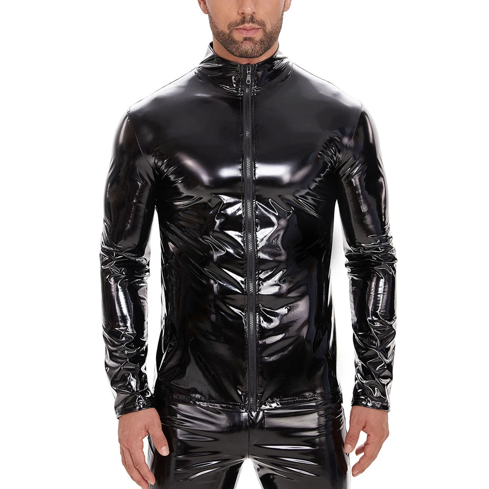 Herren Langarm-Shirt aus Kunstleder mit Glanzoptik, PVC-Jacken, Eng Anliegende Sexy Cosplay Windbreaker, Motorrad-T-Shirts – Detail 2