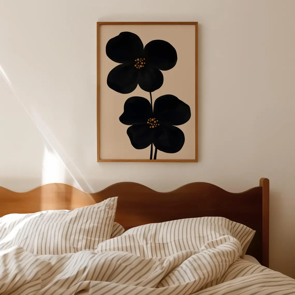 Moody Wall Art Black Floral Print, Oversized Flower Print Abstract Mid Century Framed Print, Minimal Japandi Black & Beige Flowe image 2
