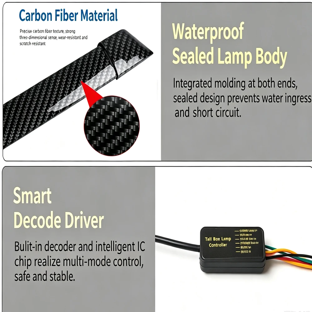 Universal Carbon Fiber Car Spoiler LED Light Strip 12V Flowing Turn Signal Brake Warning Lamp Multi‑Mode Rear Trunk Lip Tail Li - view 3