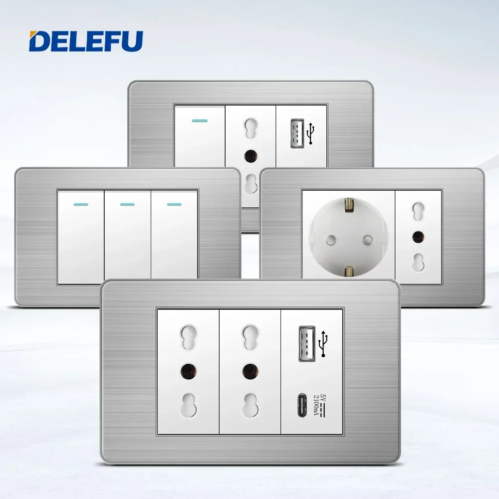 DELEFU White Stainles Steel Italy Chile USB TypeC Fast Charging Socket Schuko Tuya Wifi Smart Switch Sat TV Tel Doorbell Curtain