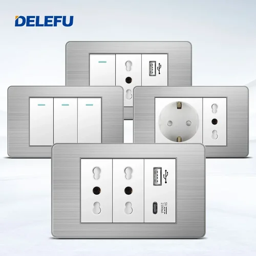 DELEFU-enchufe de pared de acero inoxidable, interruptor de presión de luz, color blanco, Italia, estándar, para oficina, UE, USb tipo C, Chile, Corea, 118 Carga rápida