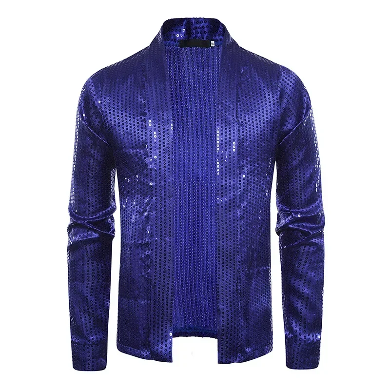 Mens Blue Sequins Glitter Cardigan Blazers DJ Party Nightclub Dancer Suit Blazer Men Fashion Wedding Stage Singer Costume Homme