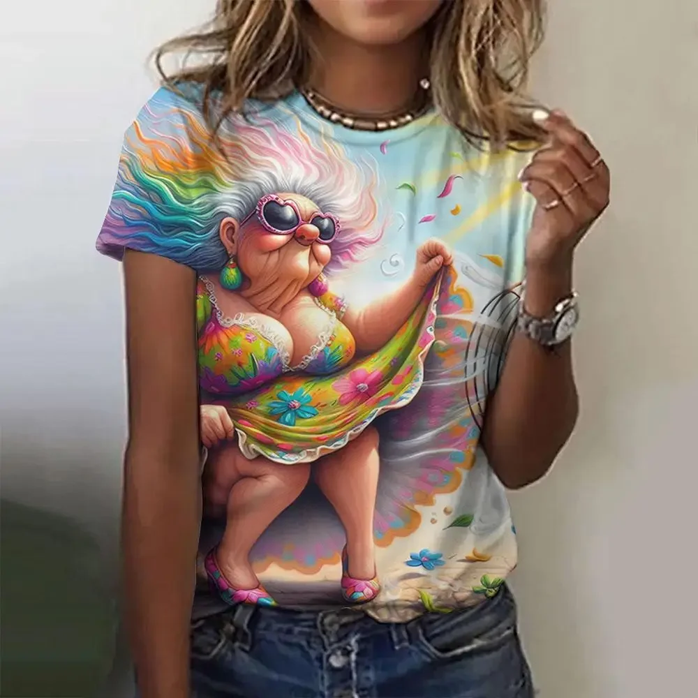 Camisetas con estampado 3D de abuela de dibujos animados divertidos de verano para mujer, ropa de calle a la moda Y2k, camiseta de manga corta, camisetas con cuello redondo, ropa