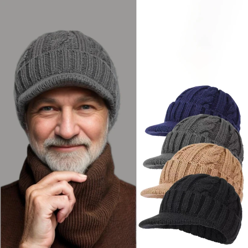 Klassiek Ontwerp Korte Rand Eendenbek Cap Winter Warme Gebreide Muts Volwassenen Mannen Fleece Gevoerde Verdikte Koude Proof Gehoorbescherming hoed