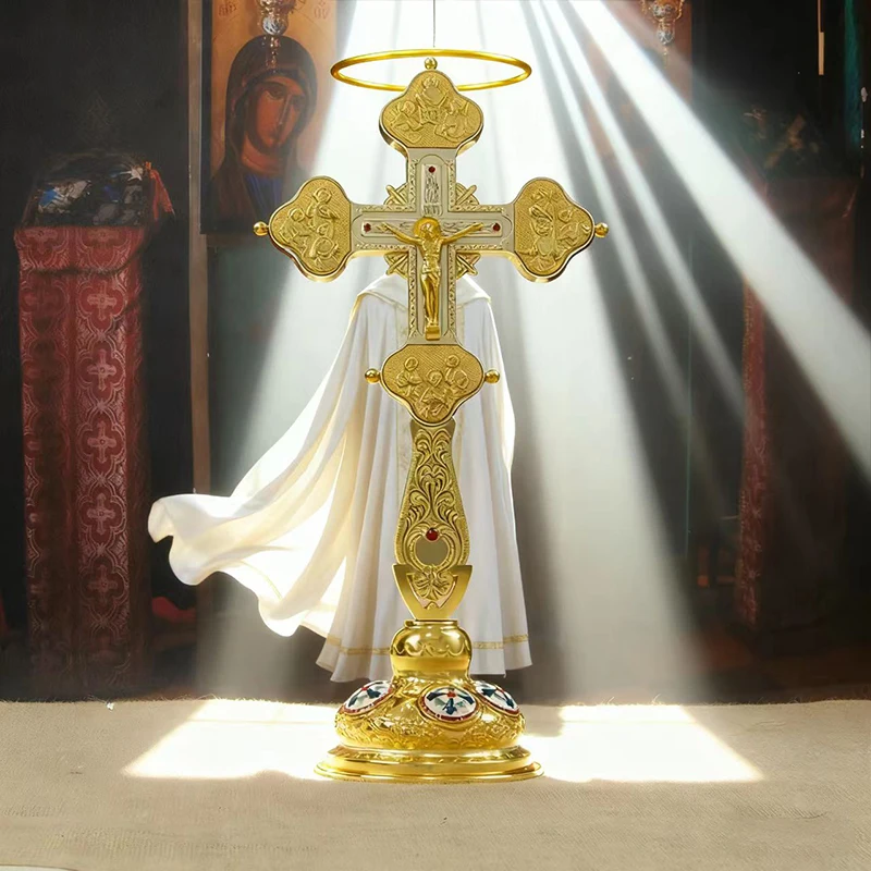 Gilded Orthodox Altar Standing Cross With Embossed Holy Figure Relief Jesus Crucifix Ornament Enamel Decorated Base Elegant