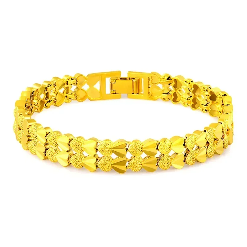 Goldpure Luxury 24K 9999 Pure Gold real gold Women's Double-Row Peach Heart Strap Bracelet