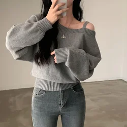 Korean Chic Off-The-Shoulder Tankbatwing Sleeve Knitted Top Sweater Polo Collar Sleeveless Knitted Pullover China Mainland Origi