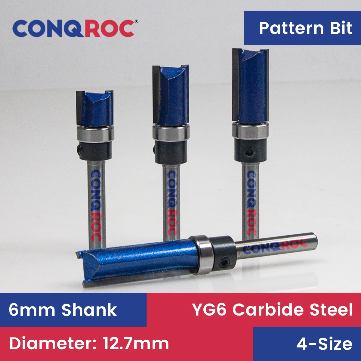 6mm Shank Pattern Router Bits Set Top Bearing 4-Size Diameter-12.7mm Cutting Length-11.9&20&25&38mm Wood Straight Milling Cutter