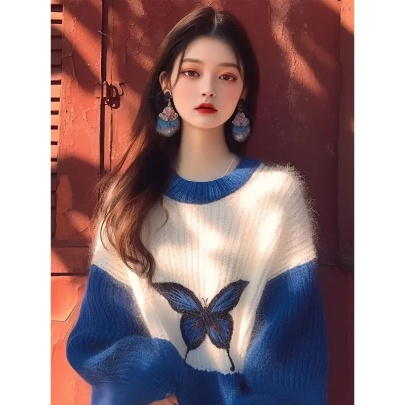 Korean Niche High Quality Sweater Women Autumn New Lazy Wind Color Collision Klein Blue Print Knitted Sweater Street Loose Tops