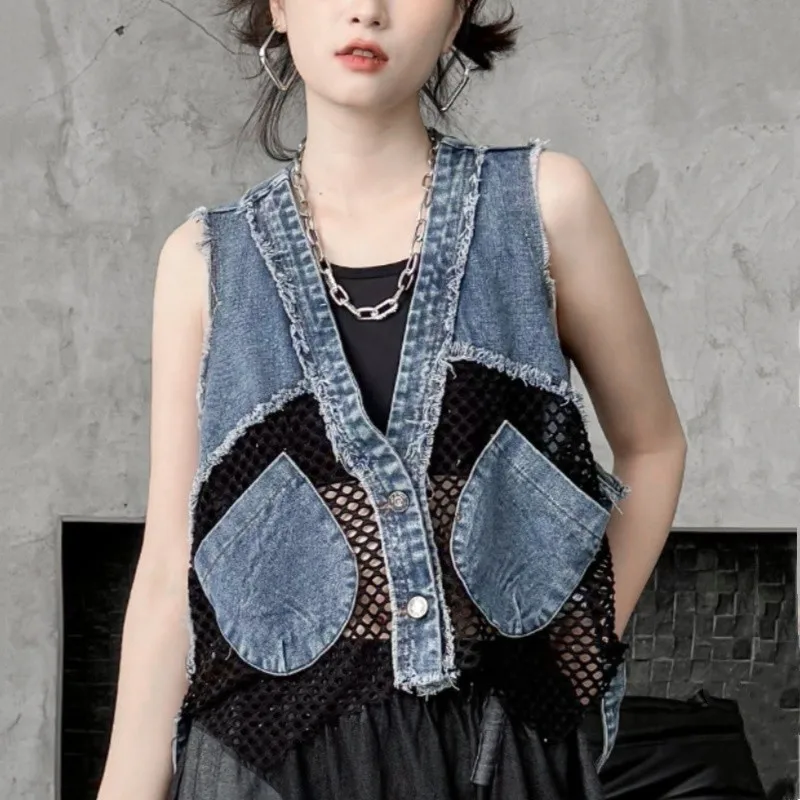 Gilet en Denim à col en v pour femmes, couture en grille, mode de rue frite, bavures amples, gilets courts sans manches, vestes d'été