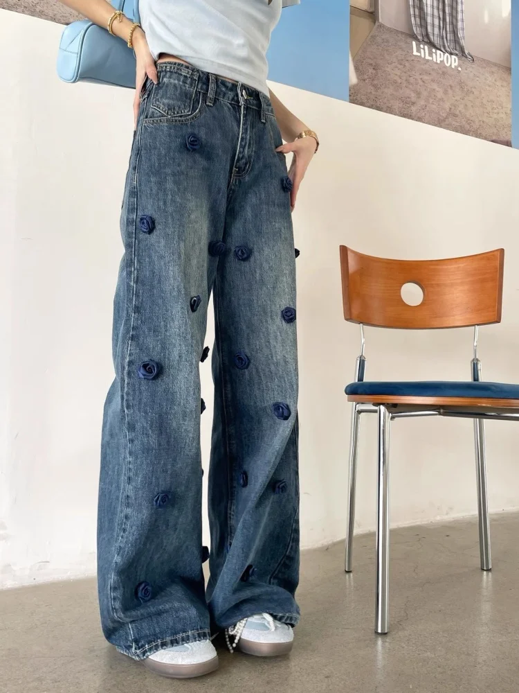 新作ファッションデザイン 立体ローズフラワー装飾ジーンズ レディース ハイウエストストレートパンツ