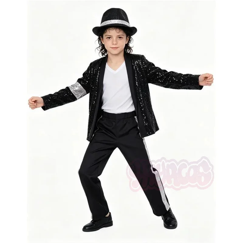 Pop Michael Jackson Teen Costume Cosplay Dance Black Suit Dance Disco Halloween Clothing glitter Stage Outfits - Image 4