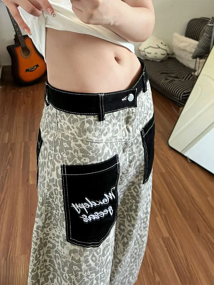 American Retro Leopard Print Patchwork Pocket Denim Jeans Women Summer New Loose Street Wide Leg Casual Long Trousers