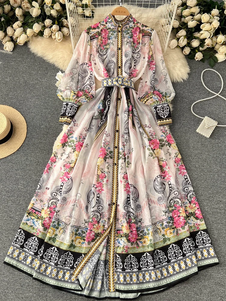 Bohemian Stand Neck Woman Print Dress Lantern Sleeve Robe Femme 2024 Vestidos De Mujer Temperament Belt Split Maxi Dresses Wj