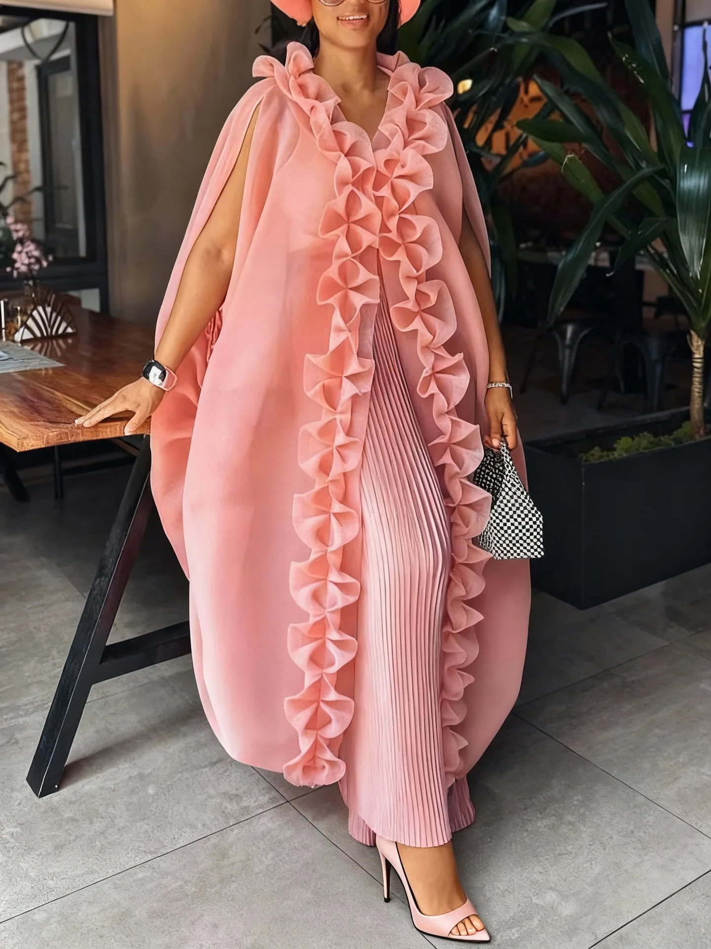 

Women's 2-Piece Pink Organza Set Ruffle Trim Cape Coat Pleated Wide Leg Pants Elegant Formal Outfit For Special Occasions