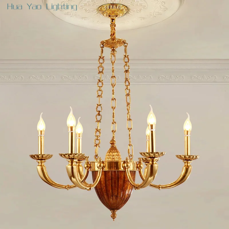 

European Indoor Foyer Hotel Dining Room Bedroom Luxury Led Brass Chandelier American Copper Candle Pendant Light