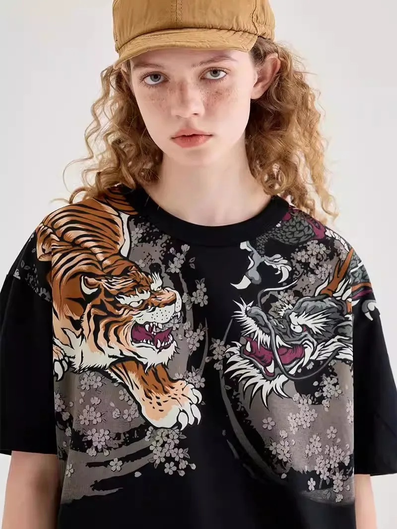 Black Cotton Dragon Tiger Printed T-shirts Tops Vintage Casual Summer High Quality Streetwear Yokosuka  High Street