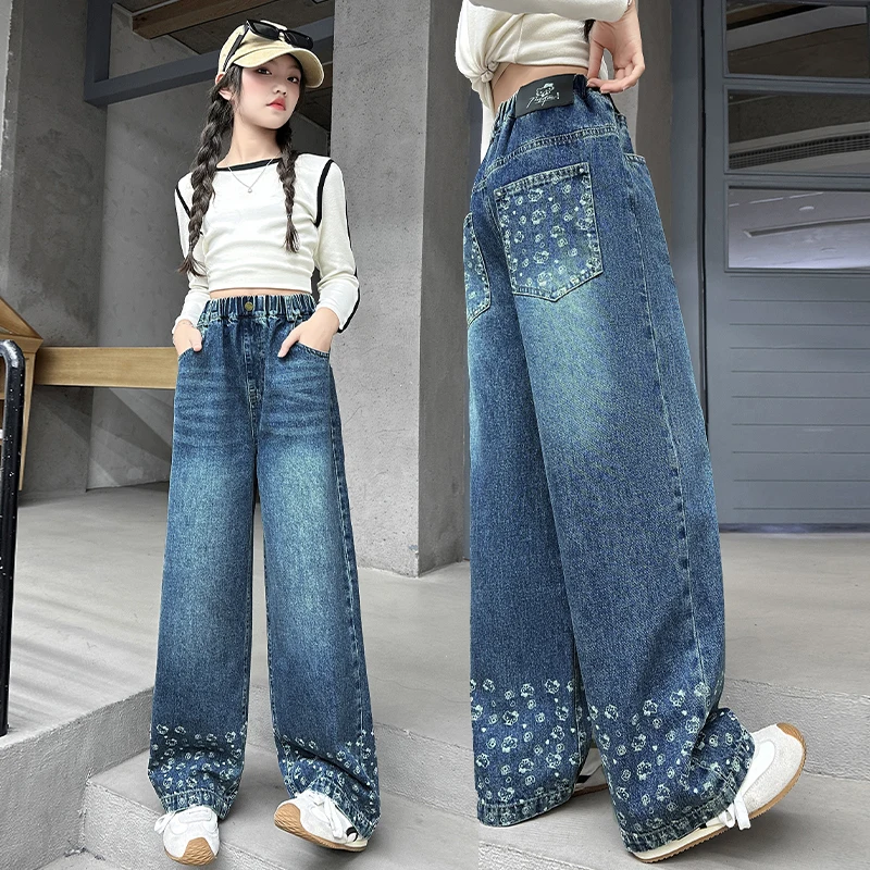 

2025 Autumn New Printed Cat Wide-leg Jeans, Thin Foreign Versatile Pants, Photogenic Pants Girl