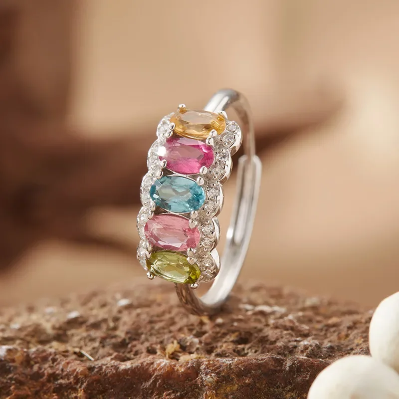s925 sterling silver natural tourmaline colored treasure ring women's colored gemstone index finger ring jewelry cross-border