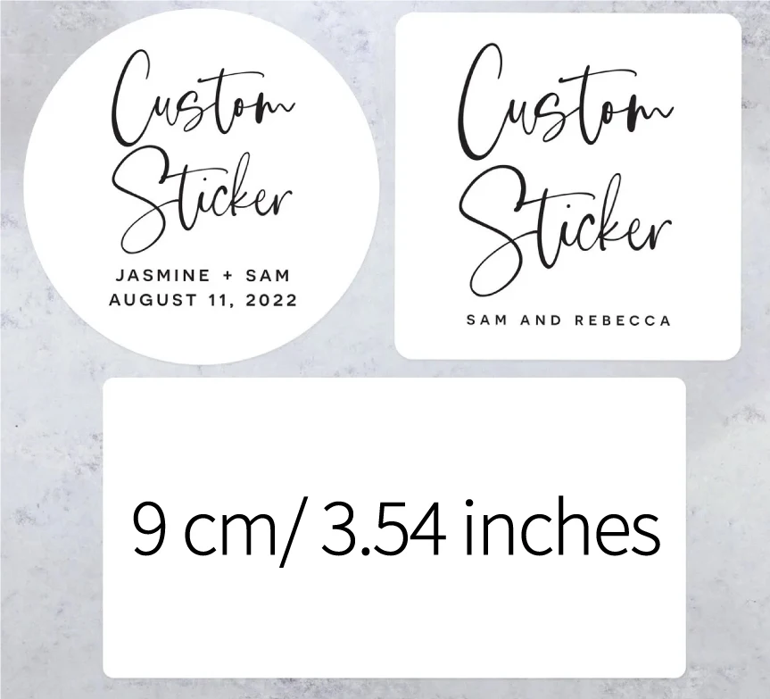 9 CM/ 3.54 INCHES, Custom Stickers, Round, Square, Rectangle, Personalized, Your Design, Logo, Text, Picture