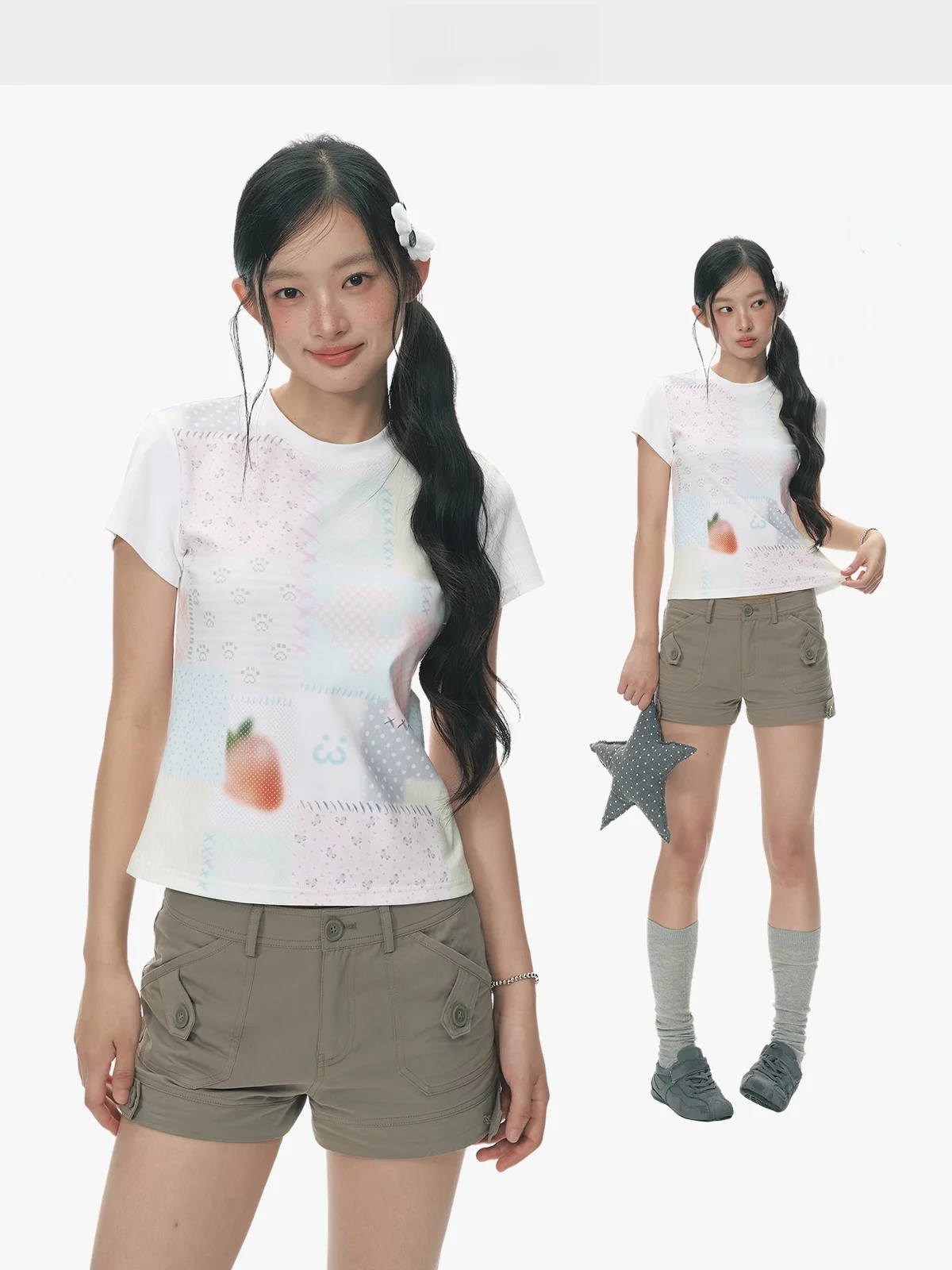 YUPH Original Patchwork Print Slim Fit Short Sleeve T-Shirt Pastel Color Korean Style Cotton Blend Breathable Summer Top