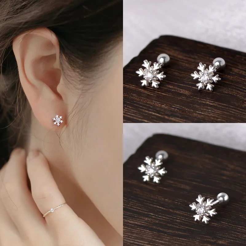 S999 Fine Sterling Silver Stud Earrings Minimalist Diamond-Set Snowflake Design with Screw-Back Closure, Creative Jewelry