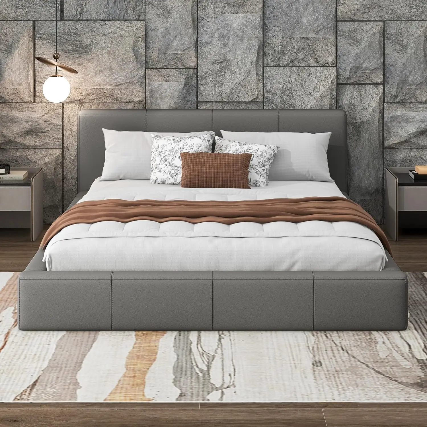 

Merax Modern Tufted Platform Bed with Headboard, King Faux Leather Floor Bed Frame with Wood Slat Support, No Box Spring Needed,
