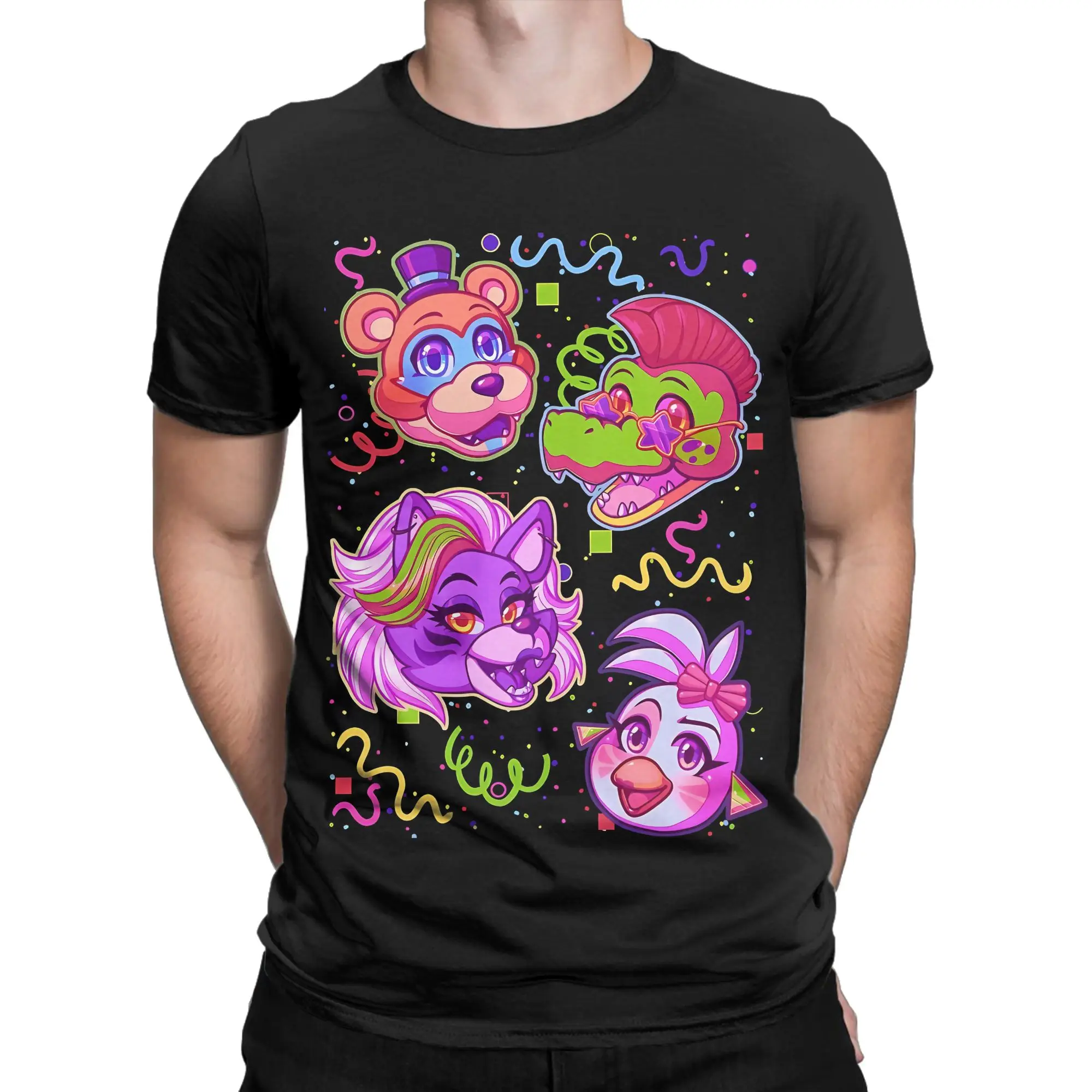 The Glamrock Gang Neon Ver Oversized Graphic 100% Cotton T-Shirt fFNAF Tees Tops For Men