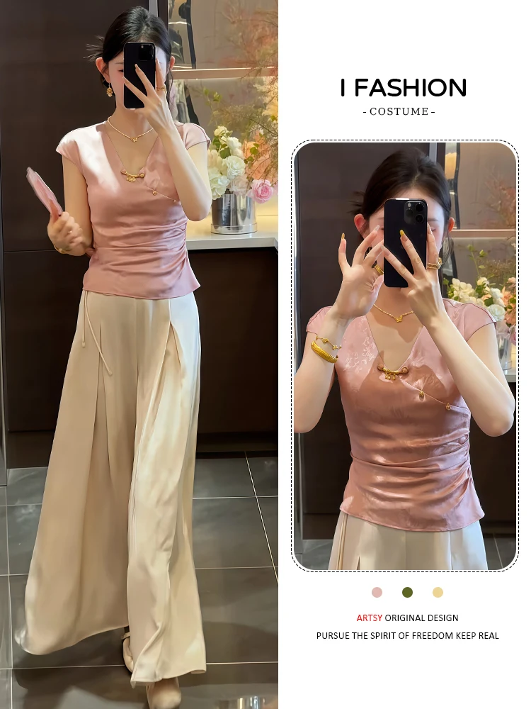 Chino Sle V-Ne irt mujer Faion adelgazante Qipao Top abotonado ort Sve transpirable cómoda versión coreana