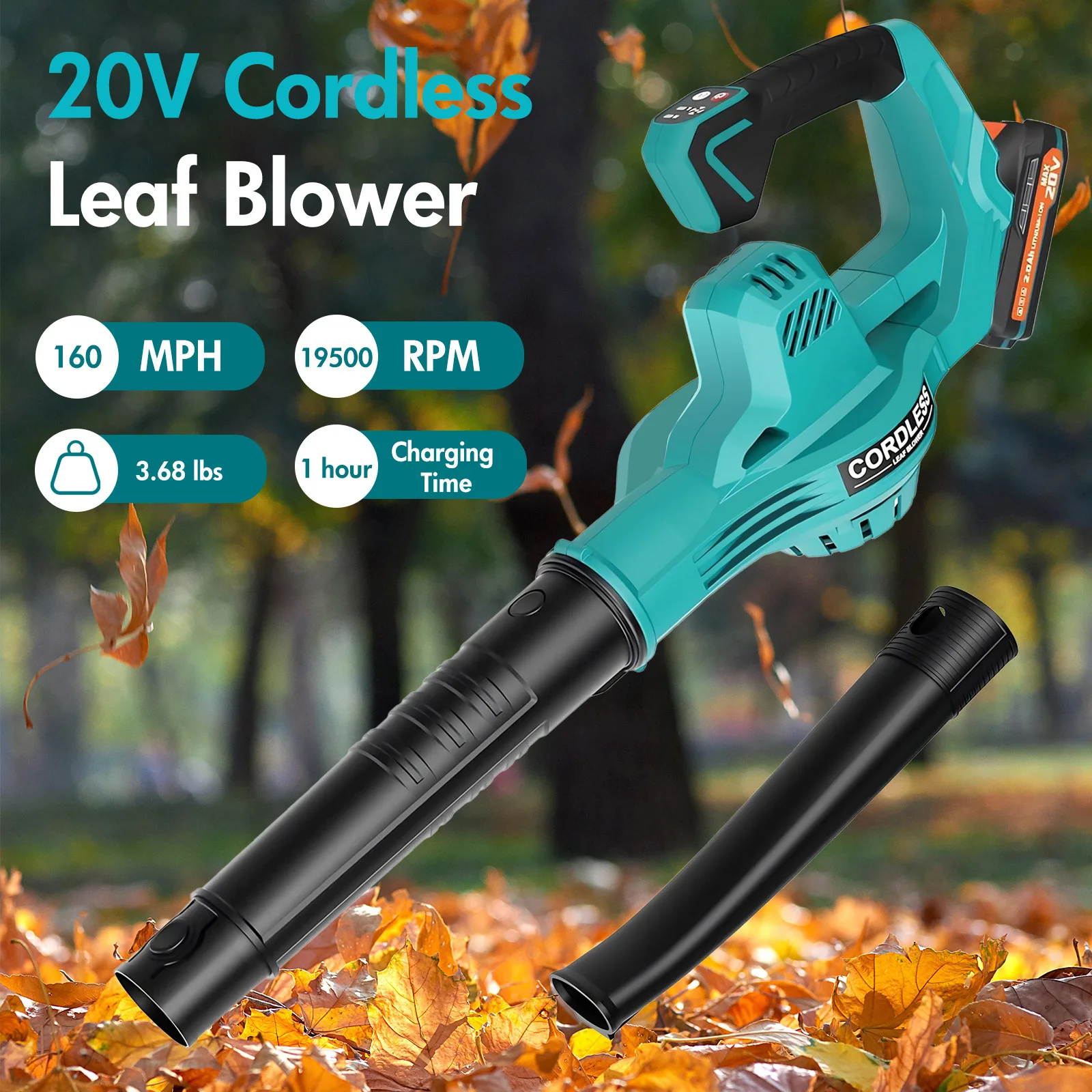 

20V Cordless Leaf Blower Electric Turbo Fan 160MPH with 2*2.0Ah Batteries Charger 2-Speed Levels for Lawn Car Yards Sidewalk